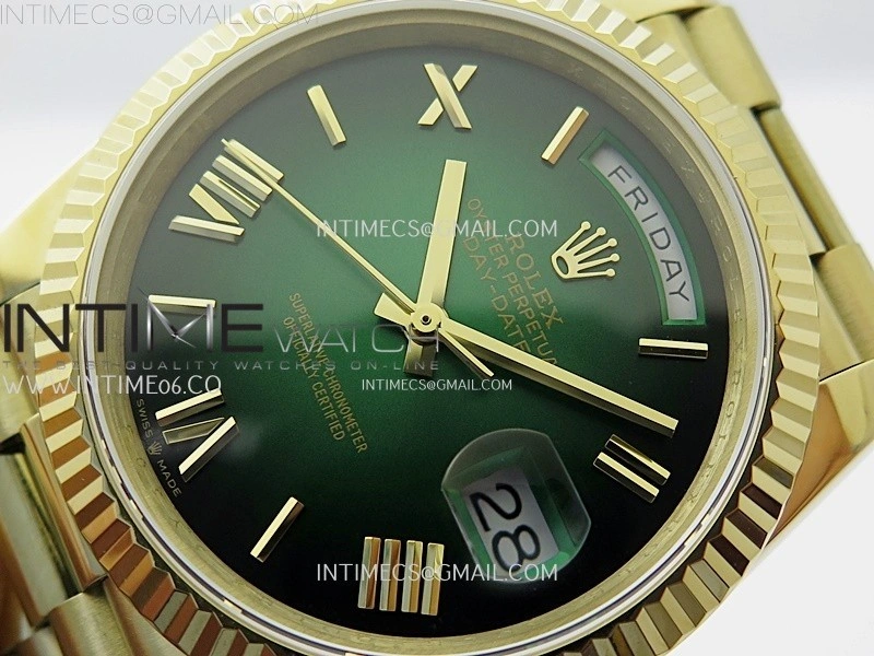 Day Date 228238 40mm 904L YG QF Gain Weight Green Gradient Dial Roman Markers on YG President Bracelet A2836
