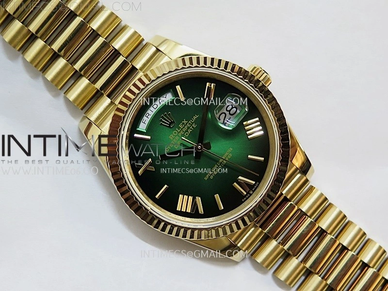 Day Date 228238 40mm 904L YG QF Gain Weight Green Gradient Dial Roman Markers on YG President Bracelet A2836