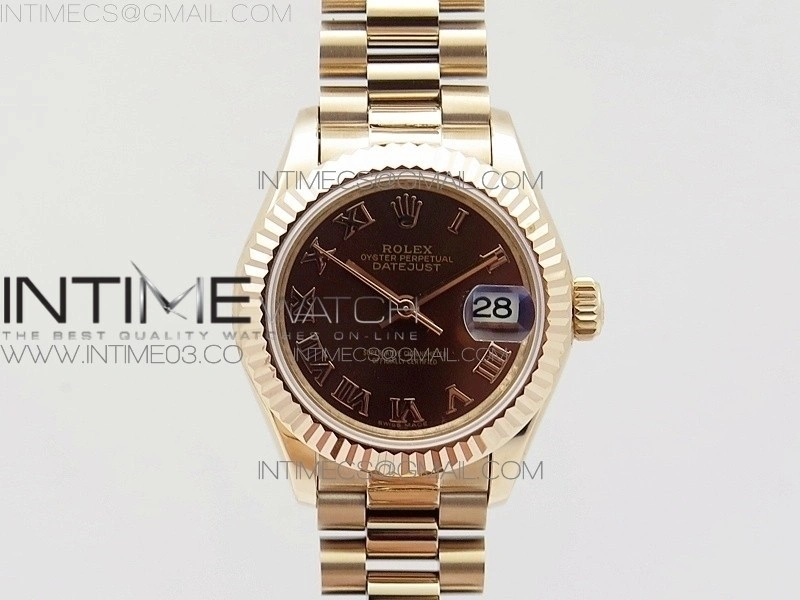 DateJust 28mm RG Fluted Bezel BP Best Edition Brown Dial Roman Markers on RG Bracelet ETA2671