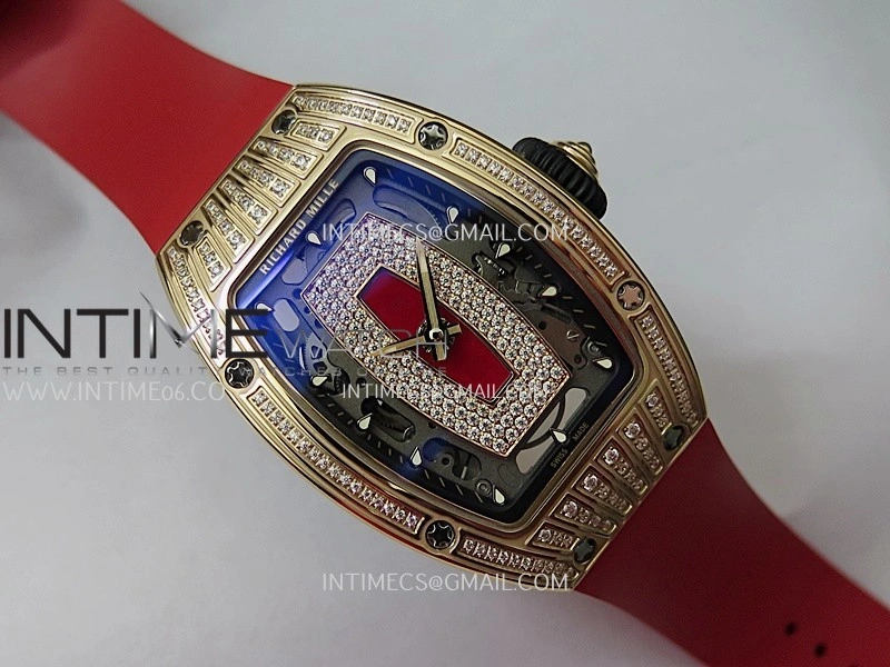 RM07 Paved Diamonds Bezel RG ZF Best Edition Diamonds Skeleton Dial On Red Rubber Strap Asian CRMA2 Clone