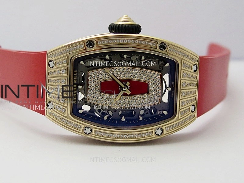 RM07 Paved Diamonds Bezel RG ZF Best Edition Diamonds Skeleton Dial On Red Rubber Strap Asian CRMA2 Clone