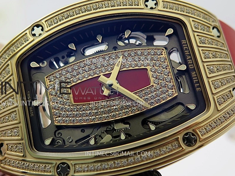 RM07 Paved Diamonds Bezel RG ZF Best Edition Diamonds Skeleton Dial On Red Rubber Strap Asian CRMA2 Clone