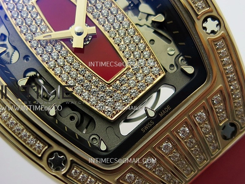 RM07 Paved Diamonds Bezel RG ZF Best Edition Diamonds Skeleton Dial On Red Rubber Strap Asian CRMA2 Clone