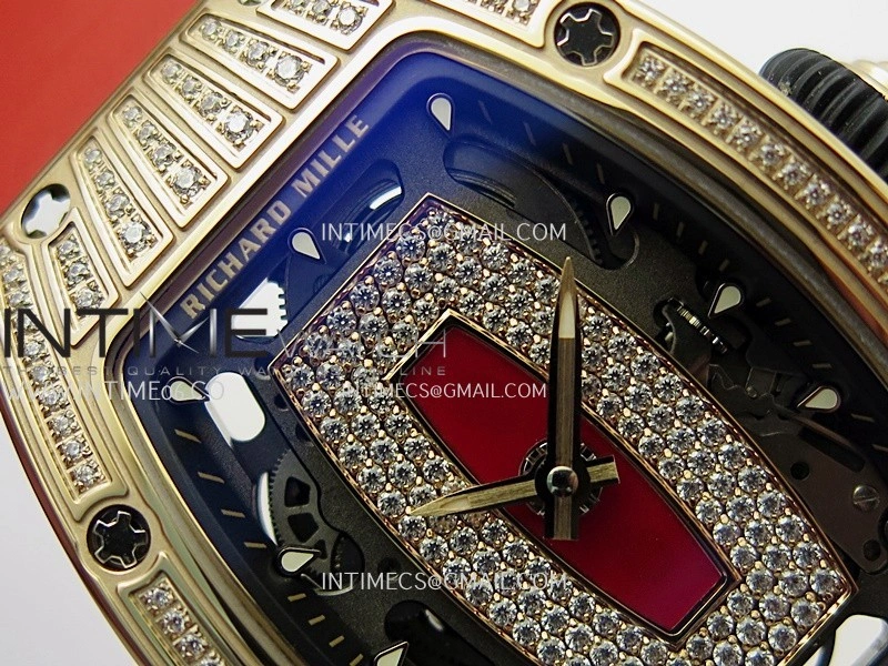 RM07 Paved Diamonds Bezel RG ZF Best Edition Diamonds Skeleton Dial On Red Rubber Strap Asian CRMA2 Clone