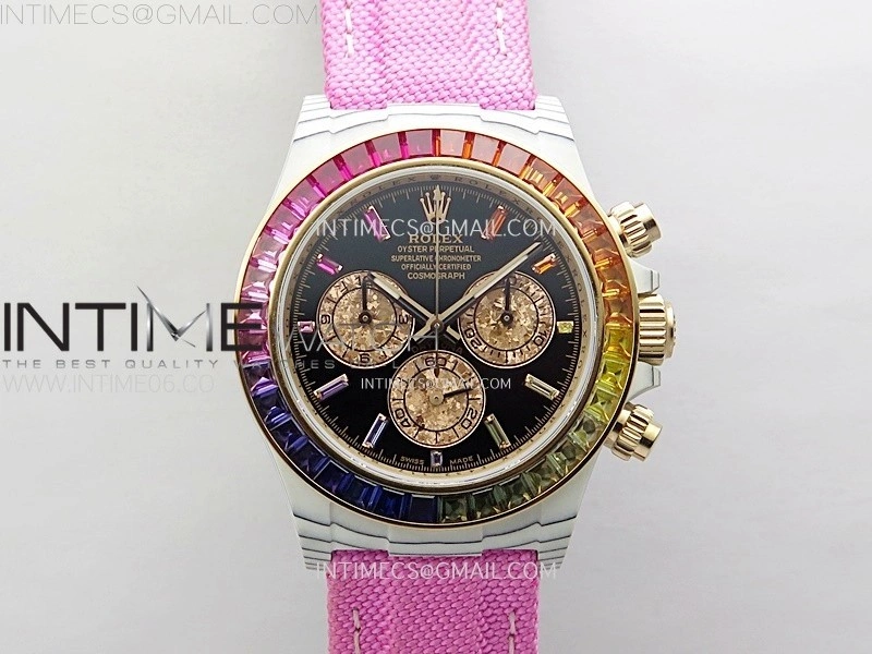 Daytona Rainbow Bezel White Carbon Case GETF Best Black Dial on Pink Nylon Strap SA4130