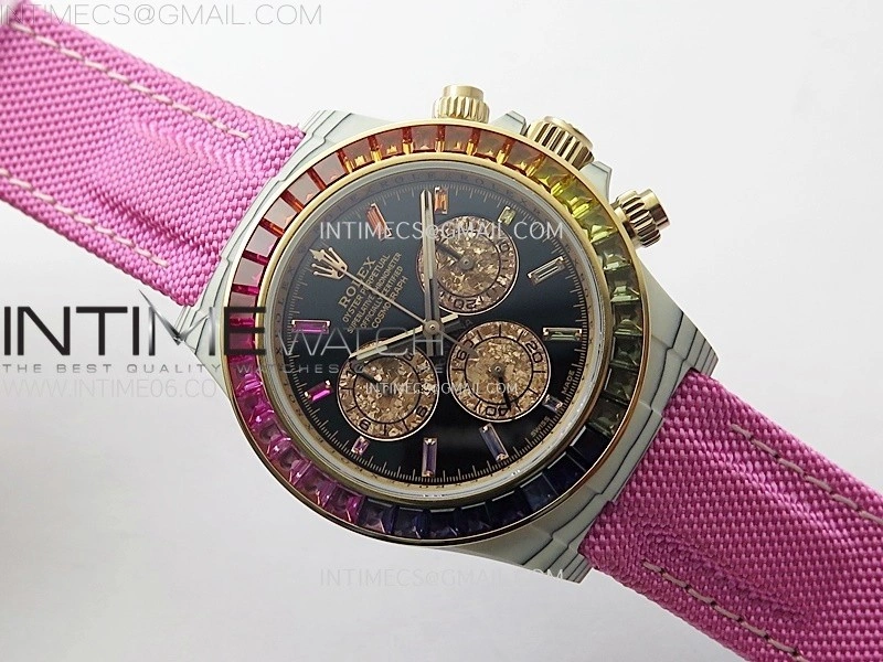 Daytona Rainbow Bezel White Carbon Case GETF Best Black Dial on Pink Nylon Strap SA4130