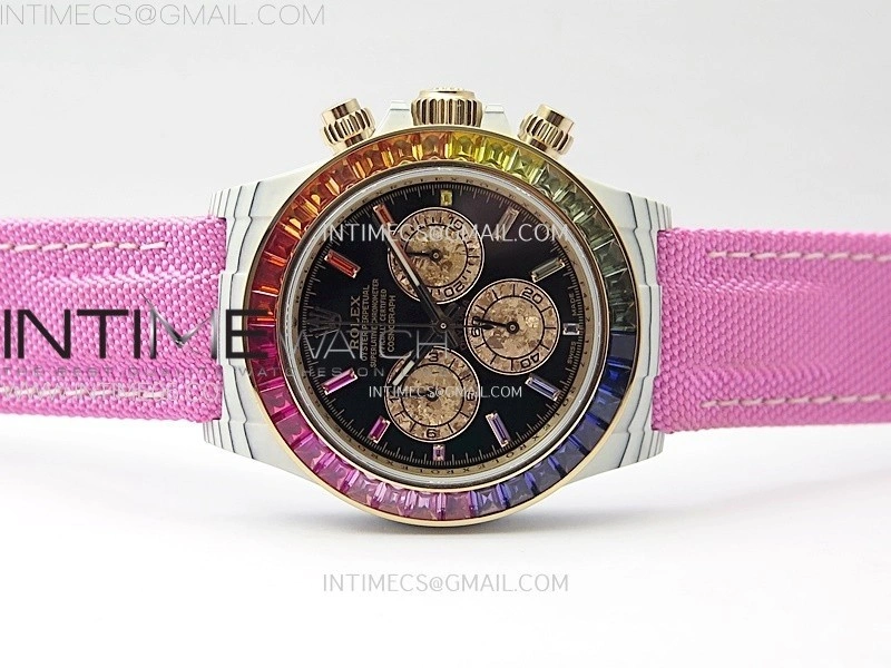 Daytona Rainbow Bezel White Carbon Case GETF Best Black Dial on Pink Nylon Strap SA4130
