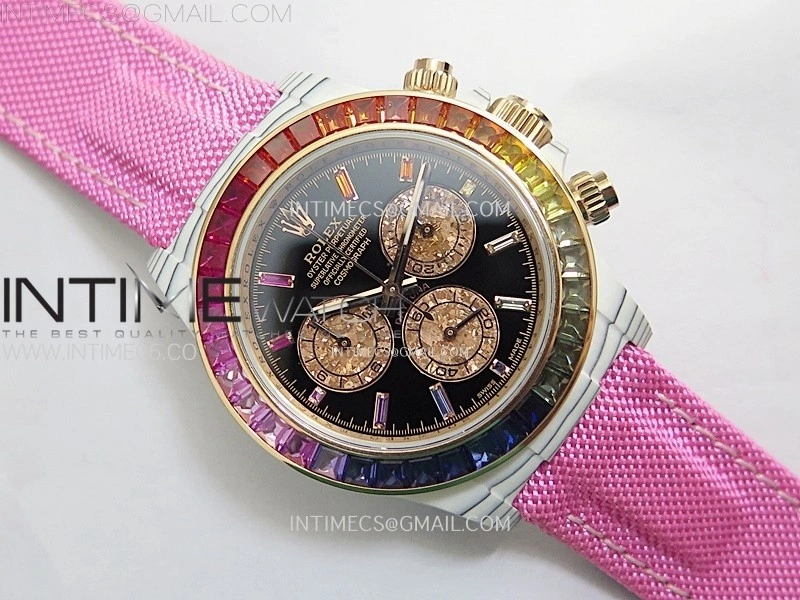 Daytona Rainbow Bezel White Carbon Case GETF Best Black Dial on Pink Nylon Strap SA4130