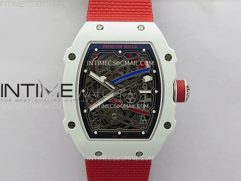 RM67-02 Black Inner Bezel Real White Ceramic 1:1 Best Edition Skeleton Dial On Red Nylon strap CRMA7 Clone