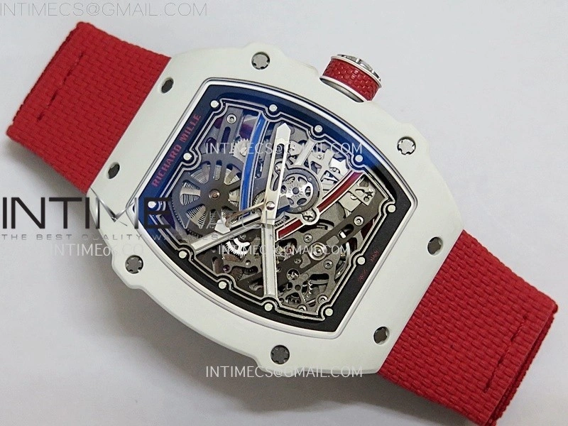 RM67-02 Black Inner Bezel Real White Ceramic 1:1 Best Edition Skeleton Dial On Red Nylon strap CRMA7 Clone