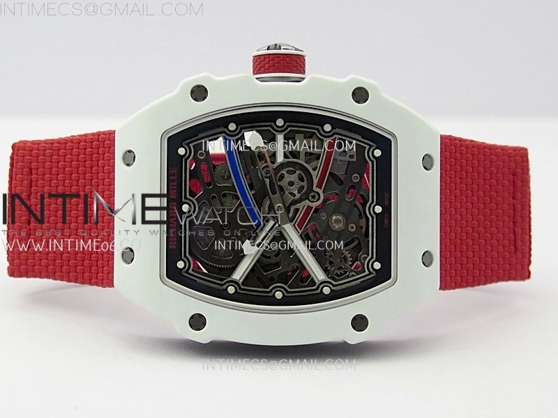 RM67-02 Black Inner Bezel Real White Ceramic 1:1 Best Edition Skeleton Dial On Red Nylon strap CRMA7 Clone