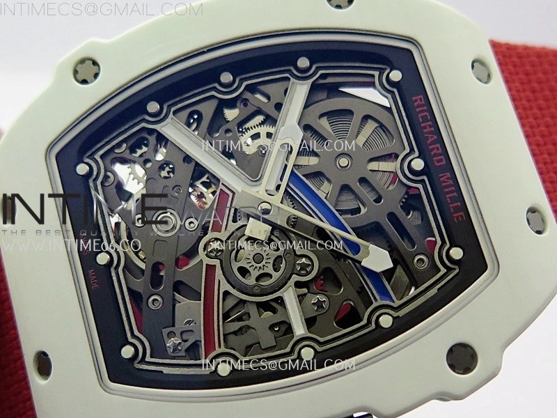 RM67-02 Black Inner Bezel Real White Ceramic 1:1 Best Edition Skeleton Dial On Red Nylon strap CRMA7 Clone