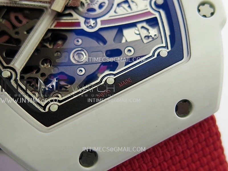 RM67-02 Black Inner Bezel Real White Ceramic 1:1 Best Edition Skeleton Dial On Red Nylon strap CRMA7 Clone