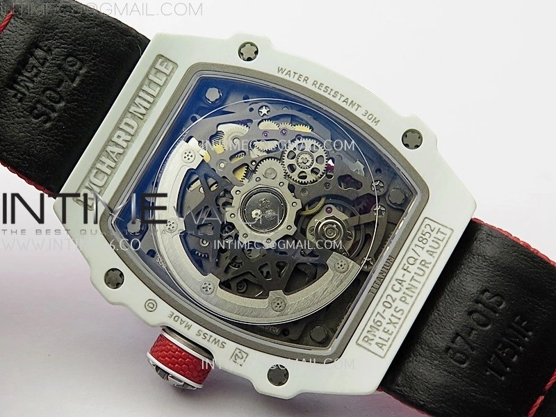 RM67-02 Black Inner Bezel Real White Ceramic 1:1 Best Edition Skeleton Dial On Red Nylon strap CRMA7 Clone
