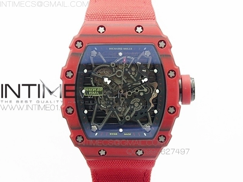 RM 035-2 Red Forged Carbon Black Inner Bezel Skeleton Dial on Red Nylon Strap MIYOTA9015