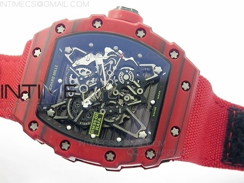 RM 035-2 Red Forged Carbon Black Inner Bezel Skeleton Dial on Red Nylon Strap MIYOTA9015