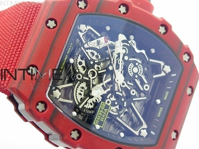 RM 035-2 Red Forged Carbon Black Inner Bezel Skeleton Dial on Red Nylon Strap MIYOTA9015