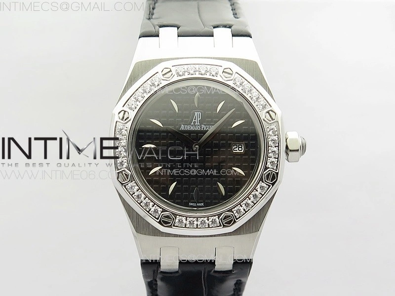 Lady Royal Oak 33mm 67620ST SS APSF 1:1 Best Edition Black Textured Dial on Black Leather Strap RONDA Quartz