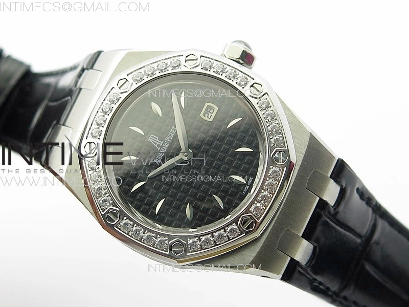 Lady Royal Oak 33mm 67620ST SS APSF 1:1 Best Edition Black Textured Dial on Black Leather Strap RONDA Quartz
