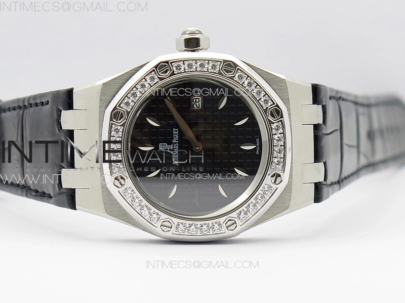 Lady Royal Oak 33mm 67620ST SS APSF 1:1 Best Edition Black Textured Dial on Black Leather Strap RONDA Quartz