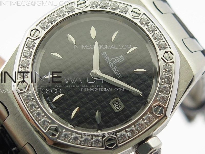 Lady Royal Oak 33mm 67620ST SS APSF 1:1 Best Edition Black Textured Dial on Black Leather Strap RONDA Quartz