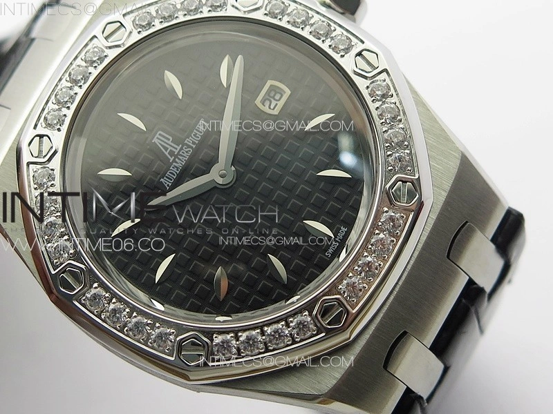 Lady Royal Oak 33mm 67620ST SS APSF 1:1 Best Edition Black Textured Dial on Black Leather Strap RONDA Quartz