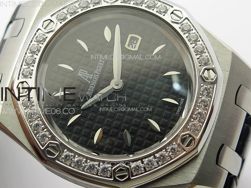 Lady Royal Oak 33mm 67620ST SS APSF 1:1 Best Edition Black Textured Dial on Black Leather Strap RONDA Quartz