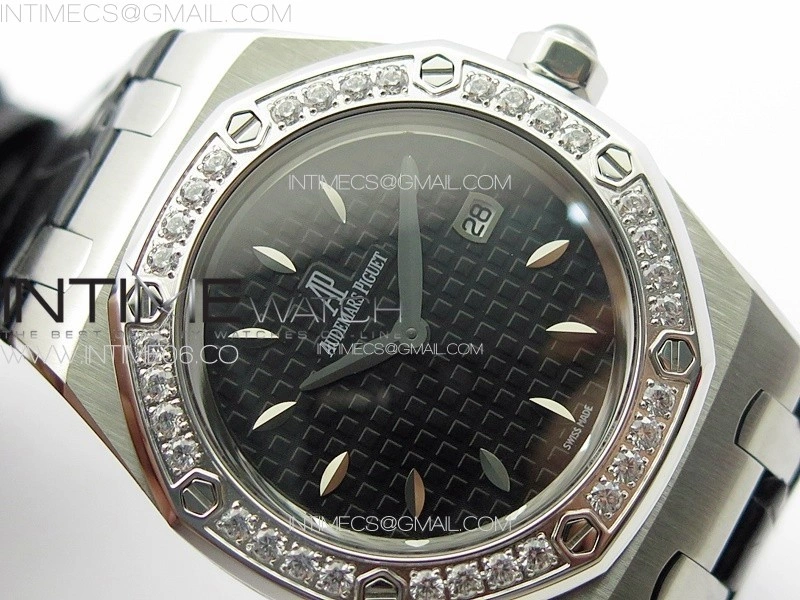 Lady Royal Oak 33mm 67620ST SS APSF 1:1 Best Edition Black Textured Dial on Black Leather Strap RONDA Quartz