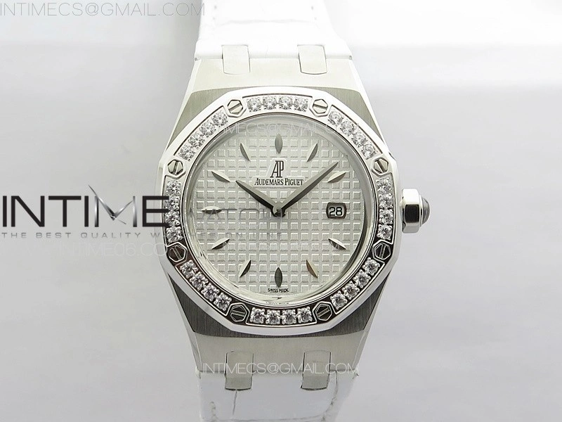 Lady Royal Oak 33mm 67620ST SS APSF 1:1 Best Edition White Textured Dial on White Leather Strap RONDA Quartz