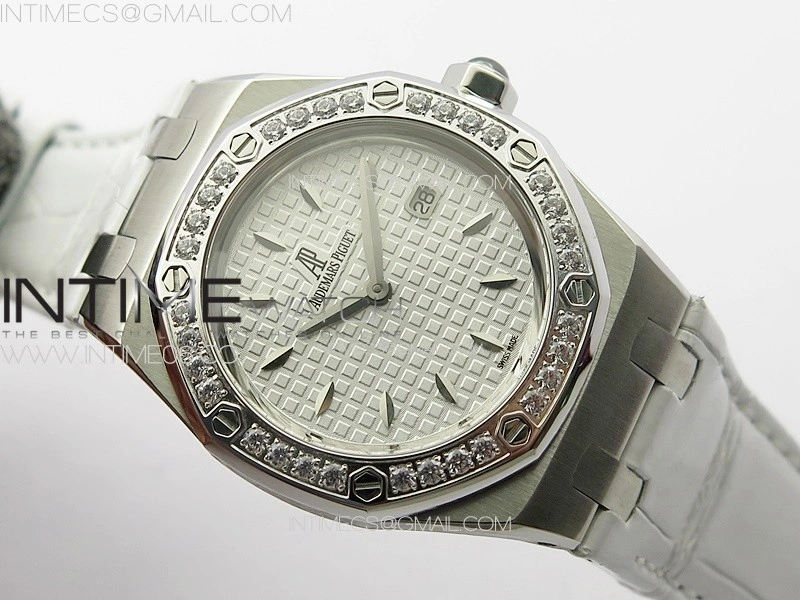 Lady Royal Oak 33mm 67620ST SS APSF 1:1 Best Edition White Textured Dial on White Leather Strap RONDA Quartz