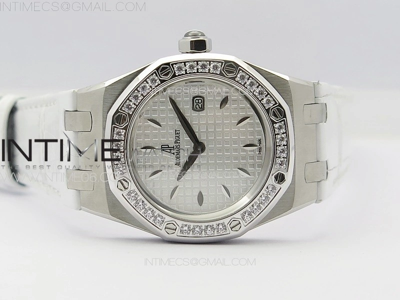 Lady Royal Oak 33mm 67620ST SS APSF 1:1 Best Edition White Textured Dial on White Leather Strap RONDA Quartz