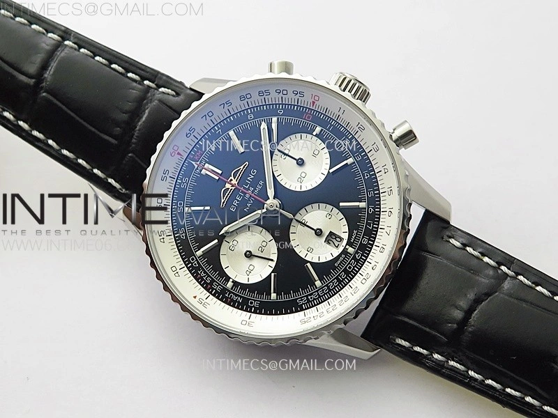 Navitimer B01 43mm SS BLSF 1:1 Best Edition Black Dial Silver Subdials On Black Leather Strap A7750
