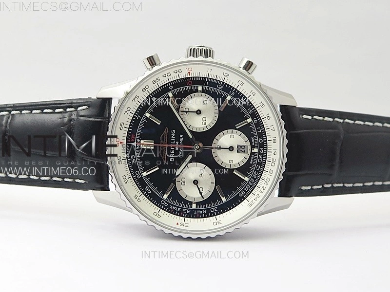 Navitimer B01 43mm SS BLSF 1:1 Best Edition Black Dial Silver Subdials On Black Leather Strap A7750
