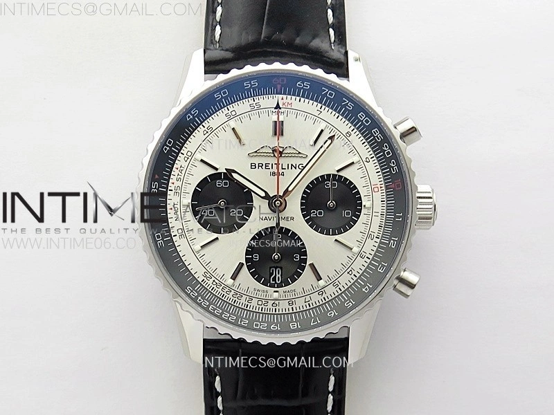 Navitimer B01 43mm SS BLSF 1:1 Best Edition Silver Dial Black Subdials On Black Leather Strap A7750