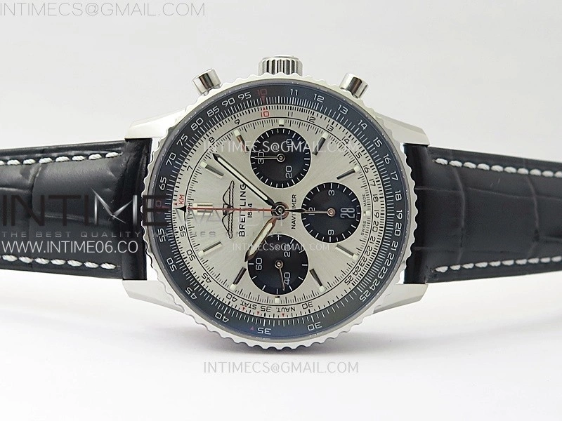 Navitimer B01 43mm SS BLSF 1:1 Best Edition Silver Dial Black Subdials On Black Leather Strap A7750