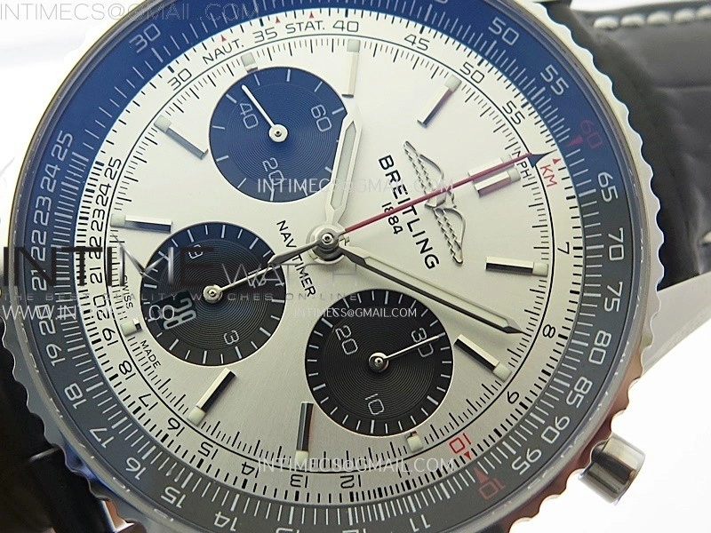 Navitimer B01 43mm SS BLSF 1:1 Best Edition Silver Dial Black Subdials On Black Leather Strap A7750