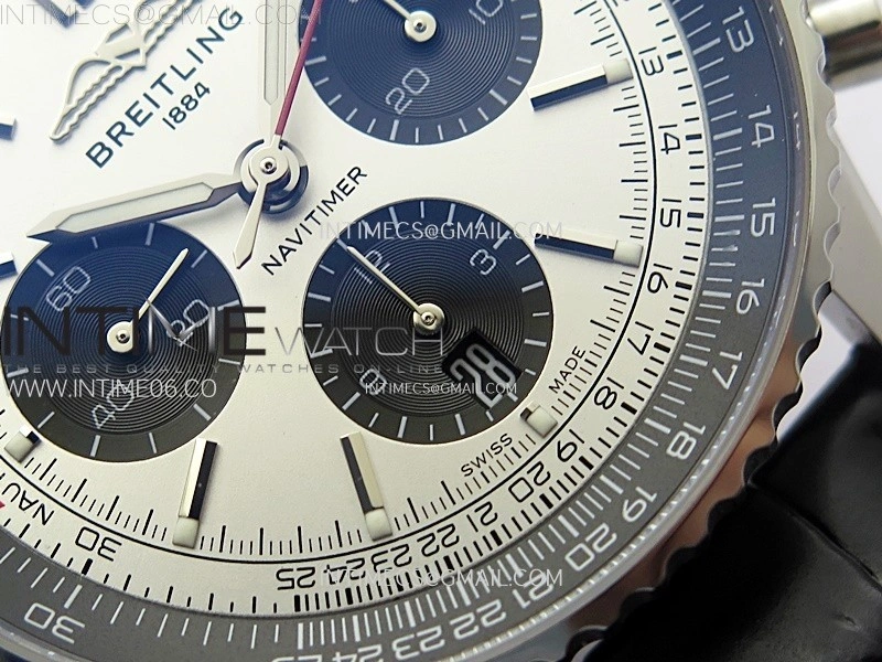Navitimer B01 43mm SS BLSF 1:1 Best Edition Silver Dial Black Subdials On Black Leather Strap A7750