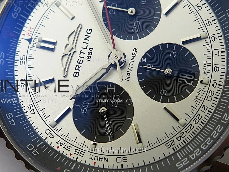 Navitimer B01 43mm SS BLSF 1:1 Best Edition Silver Dial Black Subdials On Black Leather Strap A7750