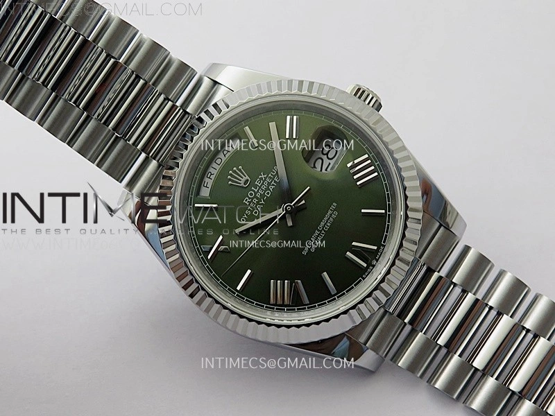 Day Date 228239 40mm 904L SS Bezel QF Gain Weight Green Dial Roman Markers on SS President Bracelet A2836