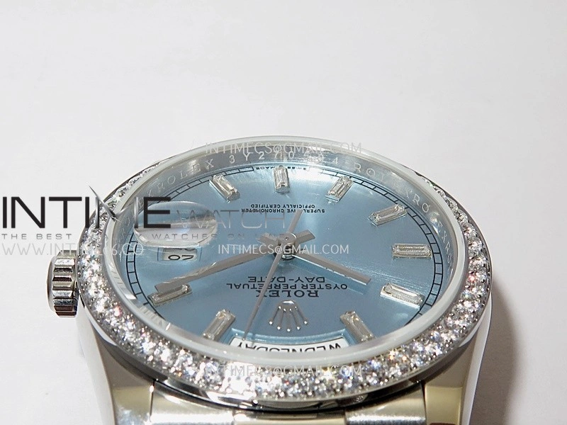 Day Date 128349 SS Gain Weight KF 1:1 Ice Blue Dial T Diamond Marker On President Bracelet A2836