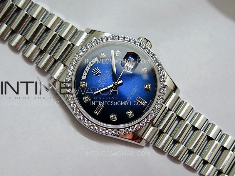 Day Date 128349 SS Gain Weight KF 1:1 Ombre Blue Dial Diamond Marker On President Bracelet A2836