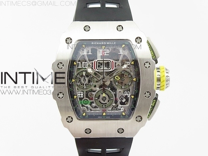 RM11-03 SS KVF 1:1 Best Edition Crystal Skeleton Dial on Black Racing Rubber Strap A7750