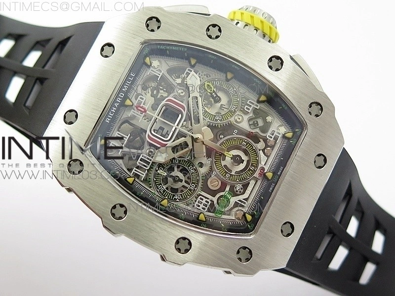 RM11-03 SS KVF 1:1 Best Edition Crystal Skeleton Dial on Black Racing Rubber Strap A7750