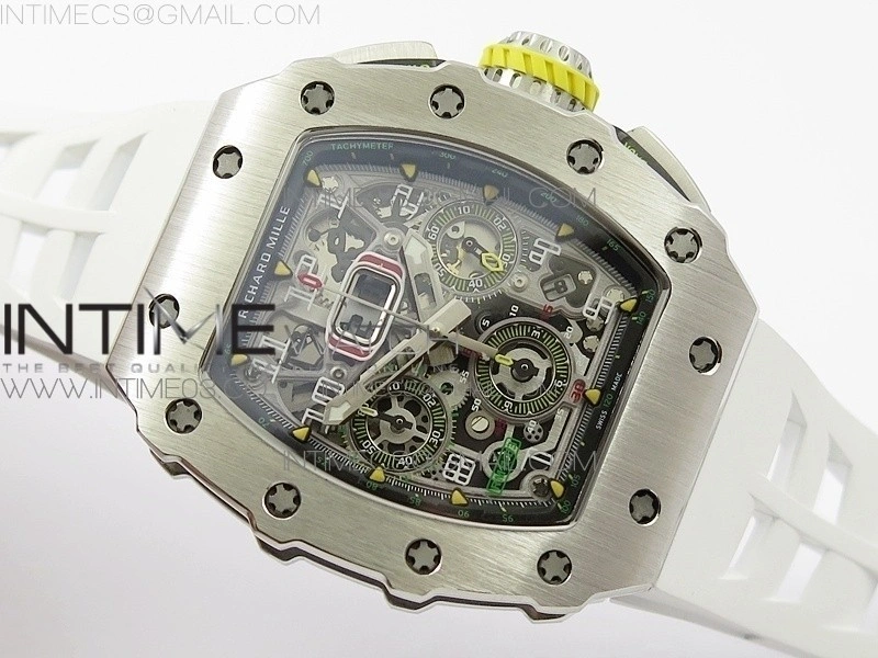 RM11-03 SS KVF 1:1 Best Edition Crystal Skeleton Dial on White Racing Rubber Strap A7750