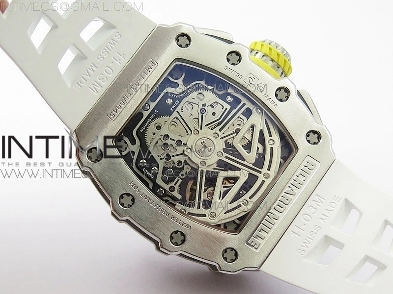 RM11-03 SS KVF 1:1 Best Edition Crystal Skeleton Dial on White Racing Rubber Strap A7750