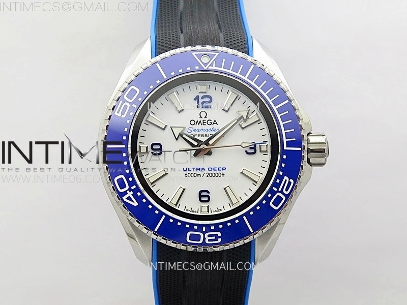 Seamaster 6000M Ultra Deep SS TF 1:1 Best Edition White Dial Blue Ceramic Bezel on Black Rubber Strap A2824