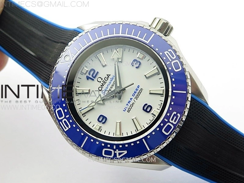 Seamaster 6000M Ultra Deep SS TF 1:1 Best Edition White Dial Blue Ceramic Bezel on Black Rubber Strap A2824