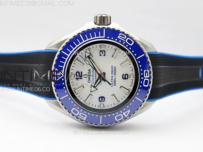 Seamaster 6000M Ultra Deep SS TF 1:1 Best Edition White Dial Blue Ceramic Bezel on Black Rubber Strap A2824