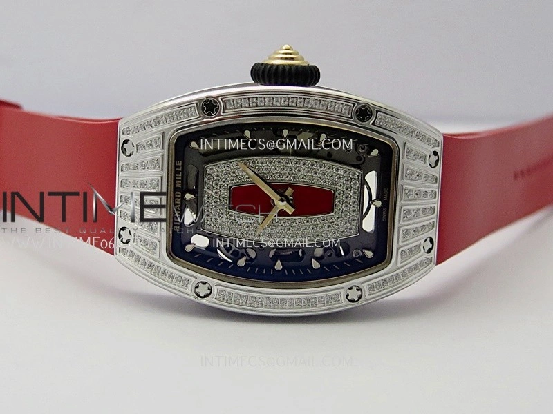RM07 Paved Diamonds Bezel SS ZF Best Edition Diamonds Skeleton Dial On Red Rubber Strap Asian CRMA2 Clone