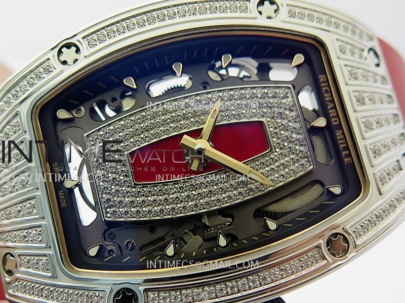RM07 Paved Diamonds Bezel SS ZF Best Edition Diamonds Skeleton Dial On Red Rubber Strap Asian CRMA2 Clone